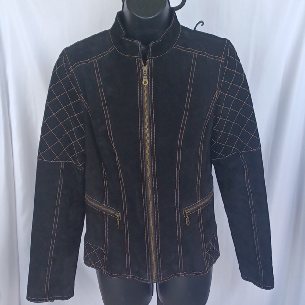 Live A Little Leather Coat, tan trim, like new, cool moto look, machine washable